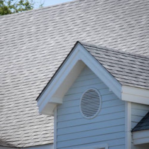 garret house and Roof shingles on top of the house among a lot of trees. dark asphalt tiles on the roof background